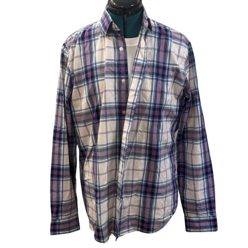Express Button-Up Plaid Shirt - Size Large, Purple/Gray/White
